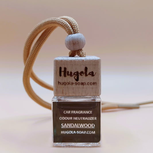 Hugola car fragrance diffuser, Sandalwood scent, glass bottle with wooden cap and hanging cord
