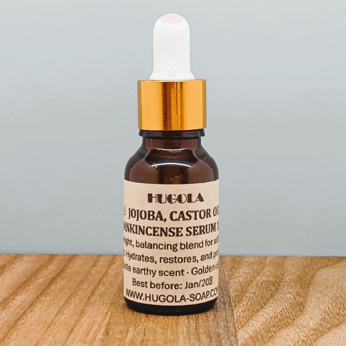 Jojoba, Castor & Frankincense Serum, natural facial oil blend in glass bottle