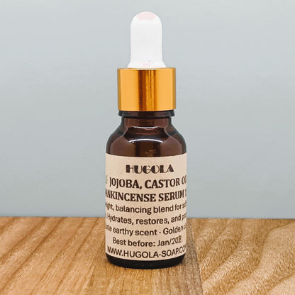 Jojoba, Castor & Frankincense Serum, natural facial oil blend in glass bottle