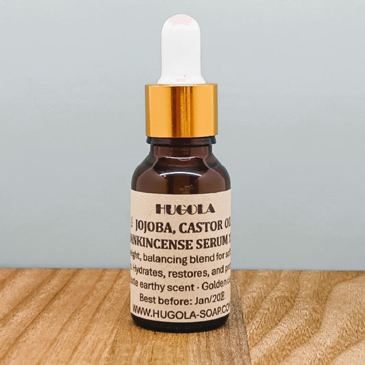 Jojoba, Castor & Frankincense Serum, natural facial oil blend in glass bottle