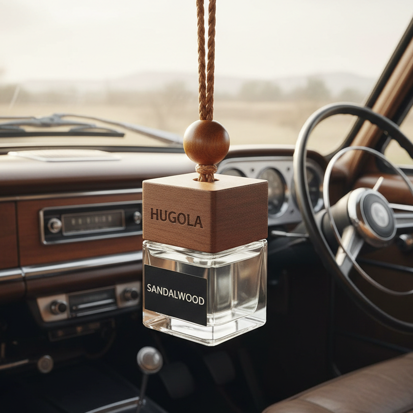 square small glass , seethrough bottle with square wooden cap ( cap the same size as bottle)and HUGOLA engraved, with black label covering one whole square side - white letters SANDALWOOD on the label. Bottle filled with seethrough fluid, facing left, hanging on a brown rope with brown, round bead, ON THE rear view mirror in the RETRO car - steering wheel on the right side