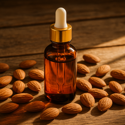 Amber glass dropper bottle with gold cap, filled with oil, standing on a wooden surface surrounded with almonds