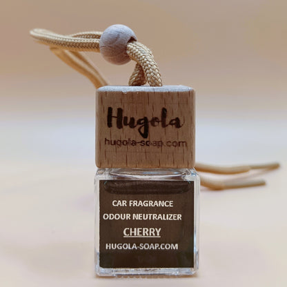 Hugola car fragrance diffuser, Cherry scent, glass bottle with wooden cap and hanging cord